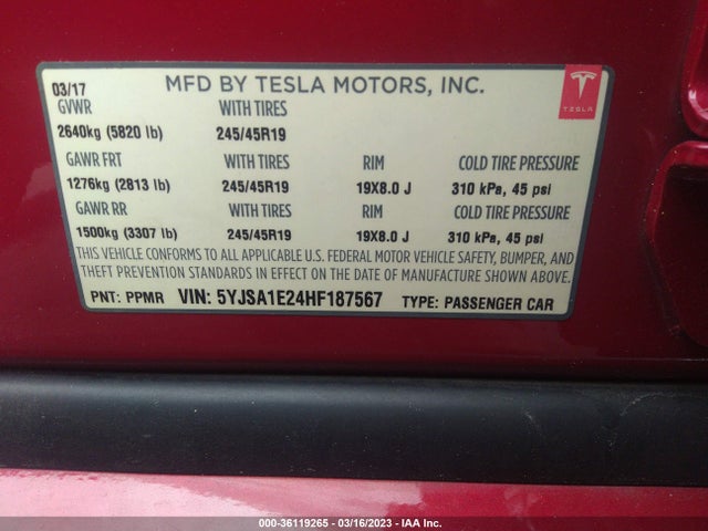 Tesla Model S 100d/90d/75d/60d/p100d 2017 5YJSA1E24HF187567 Image 9