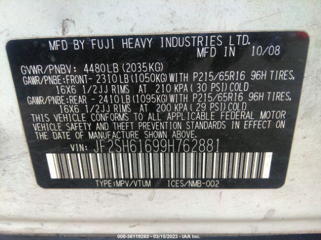JF2SH61699H762881 Subaru FORESTER X