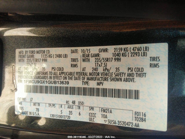 Ford ESCAPE SE 2016 1FMCU9GX1GUB13639 Image 10