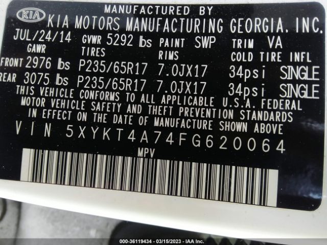 5XYKT4A74FG620064 KIA SORENTO LX
