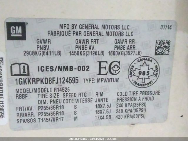 1GKKRPKD8FJ124595 GMC ACADIA SLE