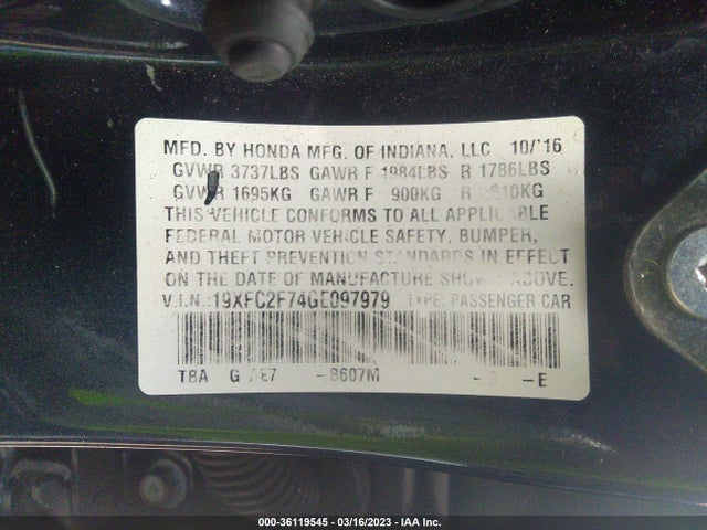 Honda Civic Sedan Ex 2016 19XFC2F74GE097979 Image 9
