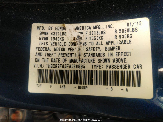 Продажа на аукционе авто 2015 Honda Accord Sedan Ex-l, vin: 1HGCR2F85FA099995, номер лота: 36119553