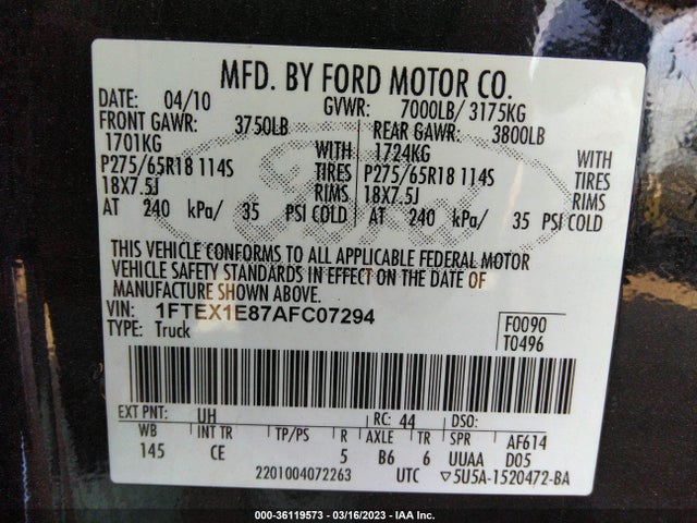2010 FORD F-150 XL/STX/XLT VIN: 1FTEX1E87AFC07294