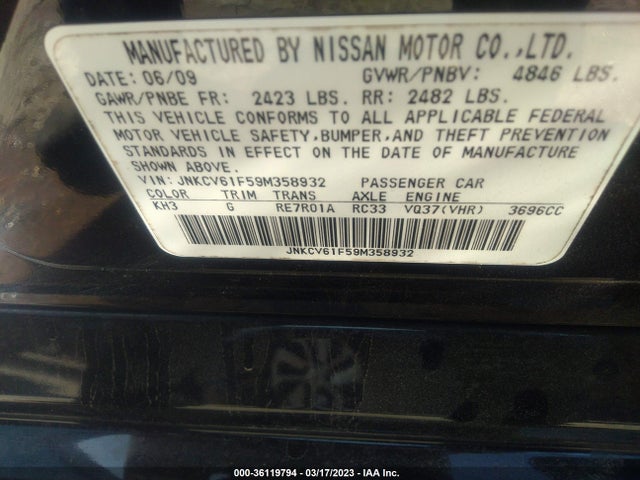 2009 INFINITI G37 SEDAN X VIN: JNKCV61F59M358932