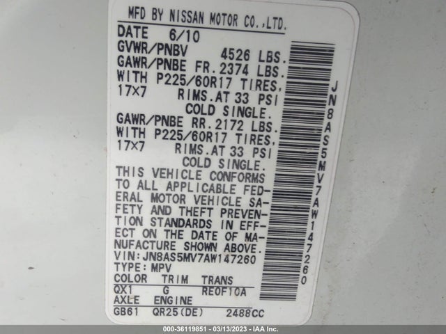 2010 NISSAN ROGUE SL VIN: JN8AS5MV7AW147260