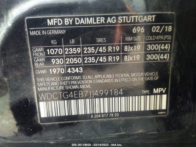 2018 Mercedes-Benz GLA-Class, VIN: WDCTG4EB7JJ499184