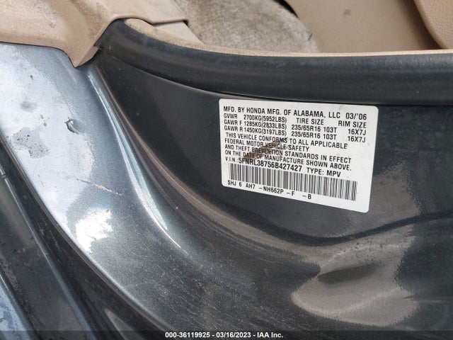 2006 HONDA ODYSSEY EX-L VIN: 5FNRL38756B427427