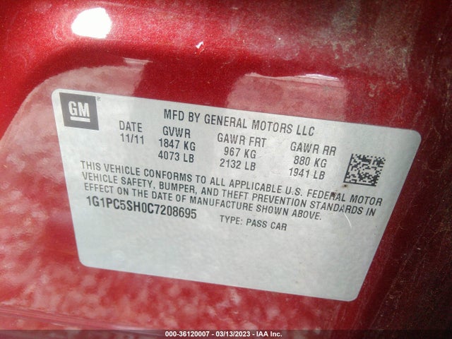 2012 CHEVROLET CRUZE LS VIN: 1G1PC5SH0C7208695