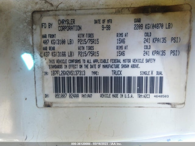 Dodge Dakota Slt/sport/base 1999 1B7FL26X2XS137313 Image 10
