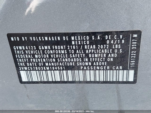 3VWC57BU3KM184581 Volkswagen Jetta S/se/r-line