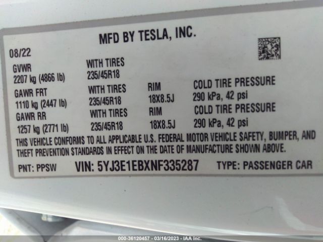 5YJ3E1EBXNF335287 Tesla Model 3 Long Range