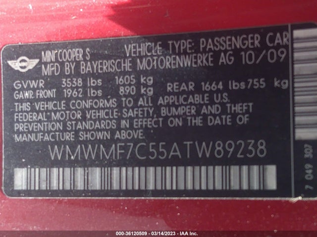 WMWMF7C55ATW89238 Mini Cooper Hardtop S