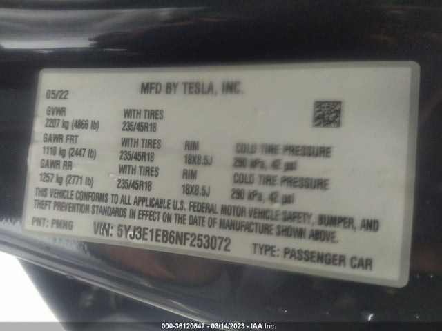 Tesla Model 3 Long Range 2022 5YJ3E1EB6NF253072 Image 10