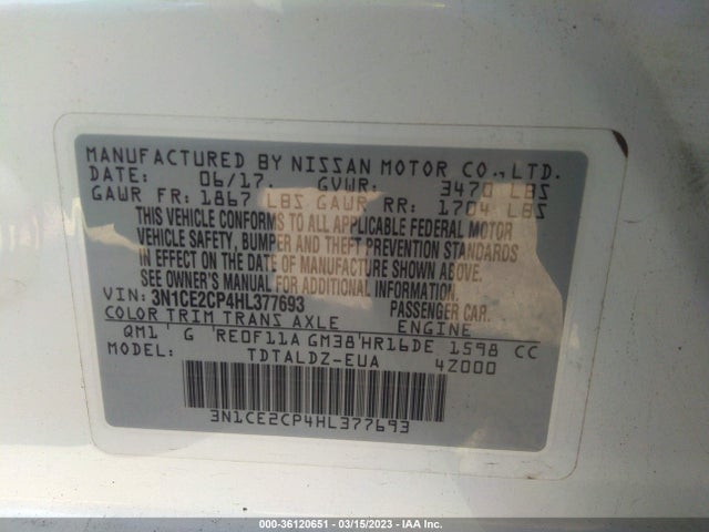 2017 NISSAN VERSA NOTE SV VIN: 3N1CE2CP4HL377693