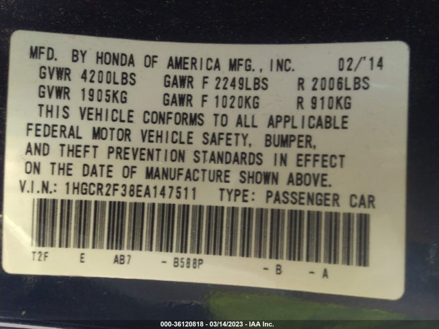 Honda ACCORD LX 2014 1HGCR2F38EA147511 Image 9