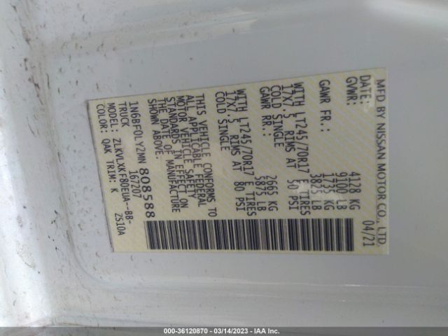 1N6BF0LY2MN808588 Nissan Nv Cargo Sv