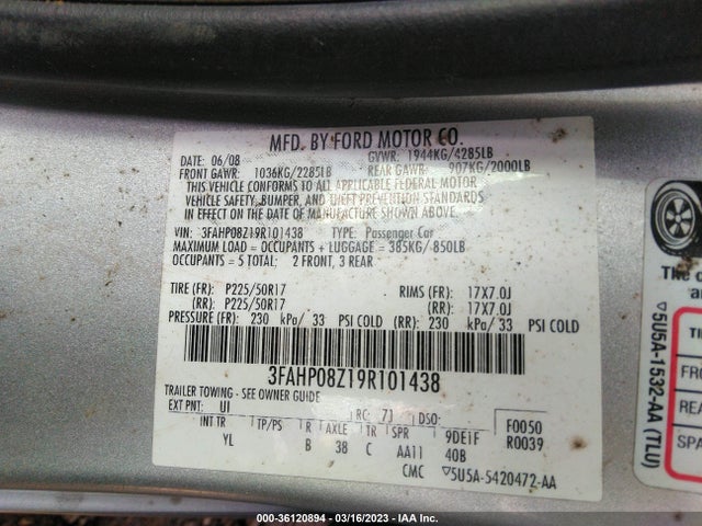 2009 FORD FUSION SEL VIN: 3FAHP08Z19R101438