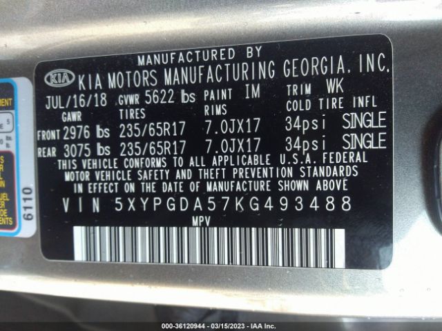 5XYPGDA57KG493488 KIA Sorento Lx V6