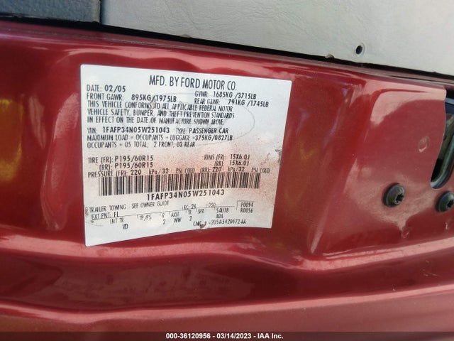 2005 FORD FOCUS S/SE/SES VIN: 1FAFP34N05W251043