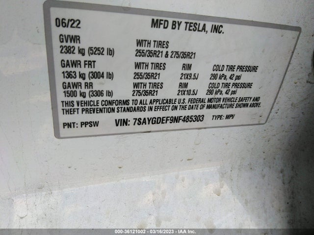 Tesla Model Y Performance 2022 7SAYGDEF9NF485303 Image 9