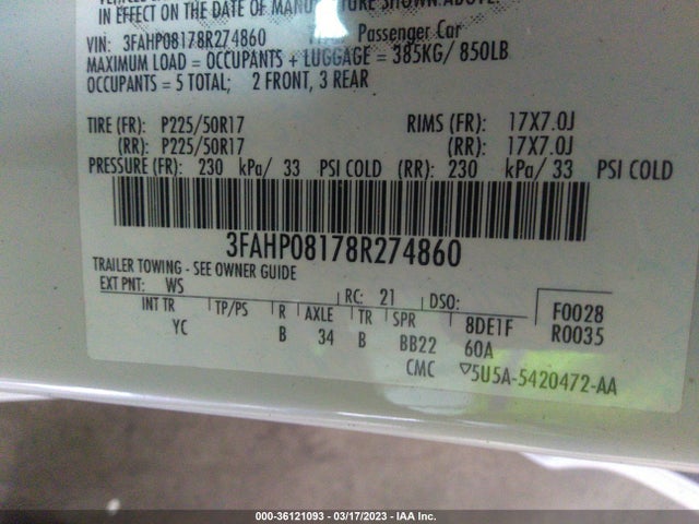 2008 FORD FUSION SEL VIN: 3FAHP08178R274860