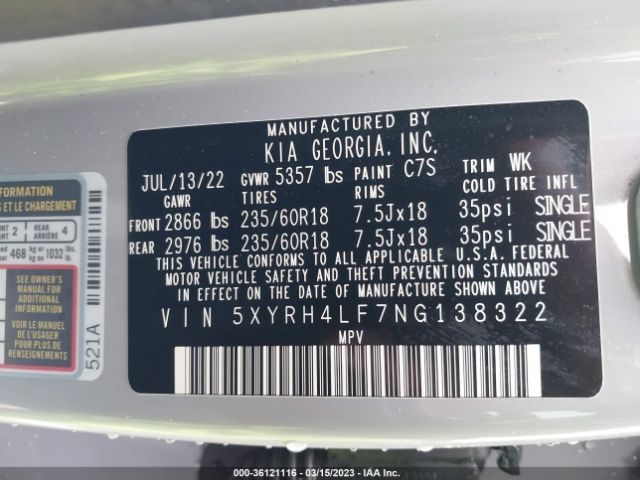 5XYRH4LF7NG138322 KIA SORENTO EX