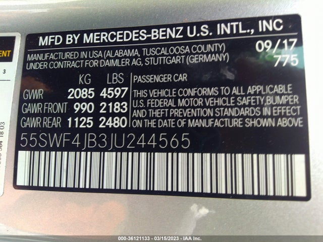 55SWF4JB3JU244565 Mercedes-Benz C-class C 300