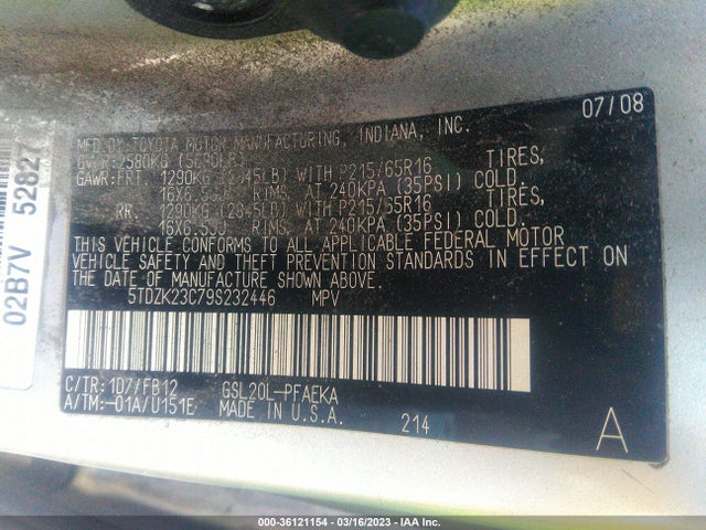 2009 TOYOTA SIENNA CE/LE VIN: 5TDZK23C79S232446