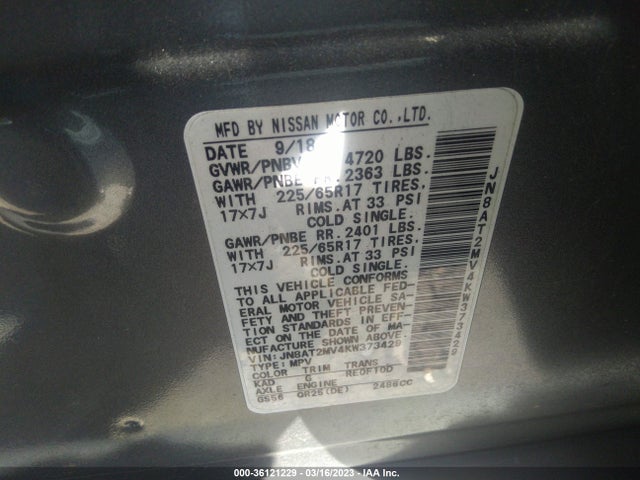 2019 NISSAN ROGUE SV VIN: JN8AT2MV4KW373429