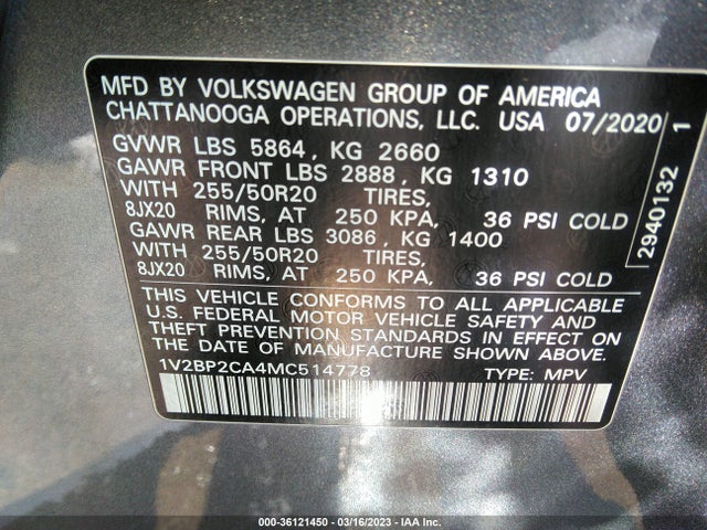 Volkswagen Atlas 2.0t Sel 2021 1V2BP2CA4MC514778 Image 9