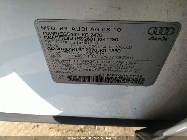 2011 AUDI Q5 2.0T PREMIUM PLUS VIN: WA1LFAFPXBA025369