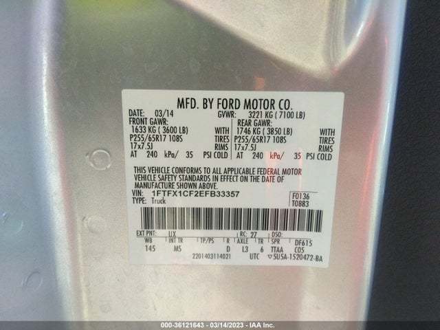 2014 FORD F-150 XL/XLT/STX/FX2/LARIAT VIN: 1FTFX1CF2EFB33357