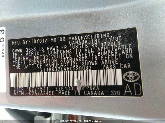 2006 TOYOTA COROLLA CE/S/LE VIN: 2T1BR32E46C598083