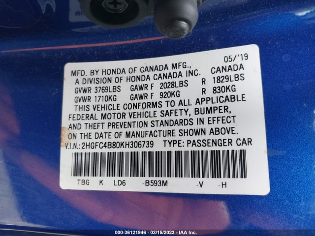 2019 Honda Civic, VIN: 2HGFC4B80KH306739