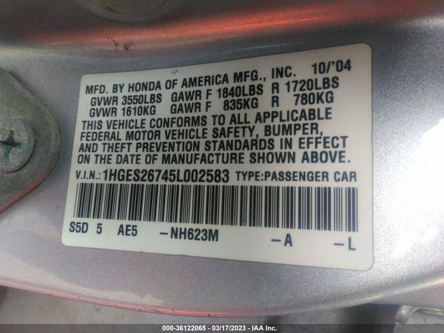 2005 HONDA CIVIC SDN EX VIN: 1HGES26745L002583