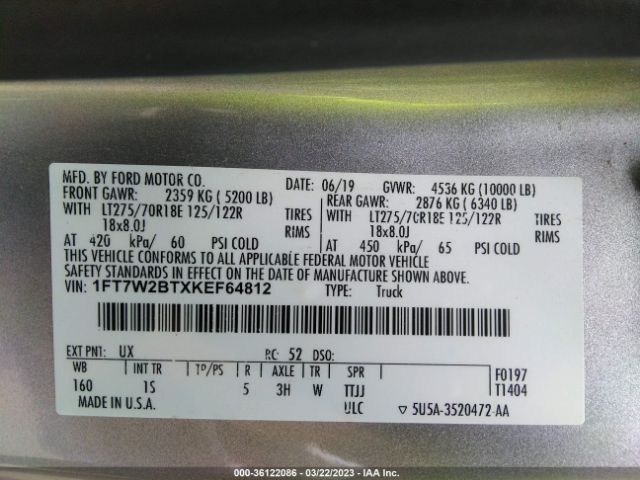 1FT7W2BTXKEF64812 Ford Super Duty F-250 Srw Xl/xlt/lariat