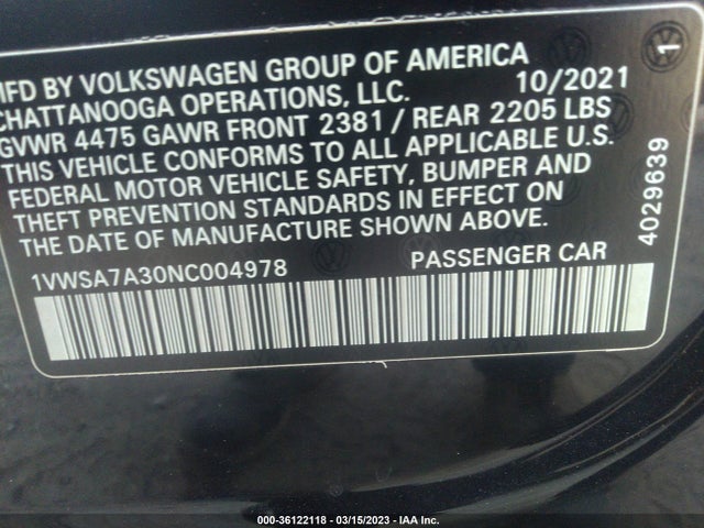 36122118 :رقم المزاد ، 1VWSA7A30NC004978 vin ، 2022 Volkswagen Passat 2.0t Se مزاد بيع