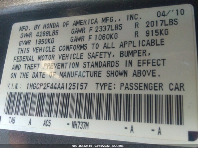 2010 HONDA ACCORD SDN LX-P VIN: 1HGCP2F44AA125157
