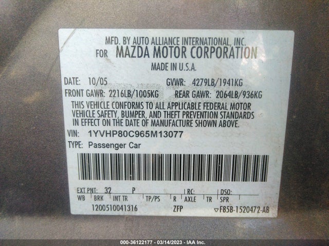 2006 MAZDA MAZDA6 I VIN: 1YVHP80C965M13077