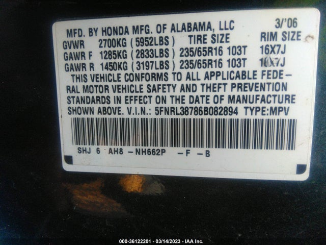 2006 HONDA ODYSSEY EX-L VIN: 5FNRL38786B082894
