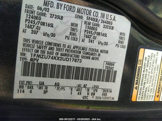 2002 FORD EXPLORER EDDIE BAUER VIN: 1FMZU74KX2UD17873