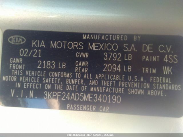 3KPF24AD5ME340190 KIA Forte Lxs