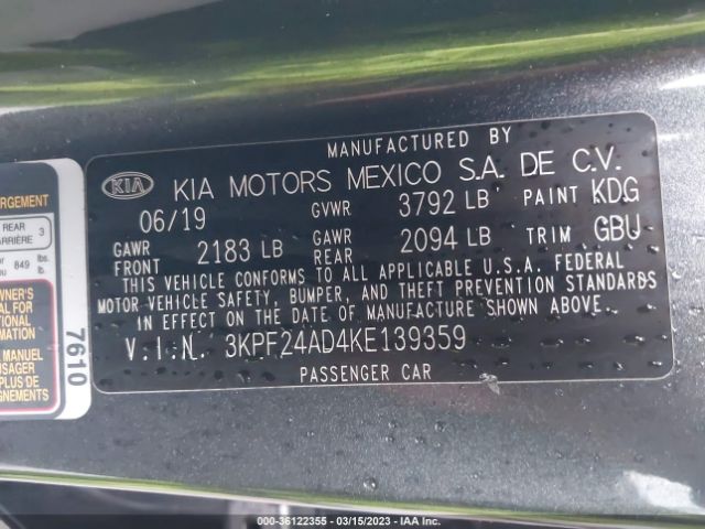 3KPF24AD4KE139359 KIA Forte Lxs