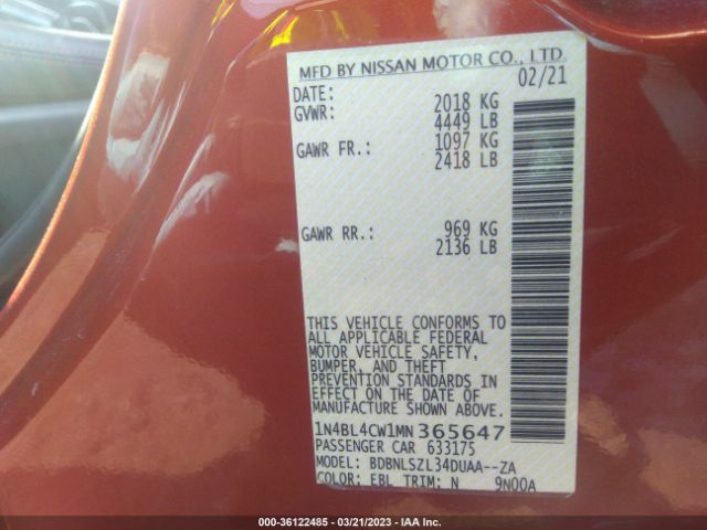 1N4BL4CW1MN365647 Nissan Altima 2.5 Sr