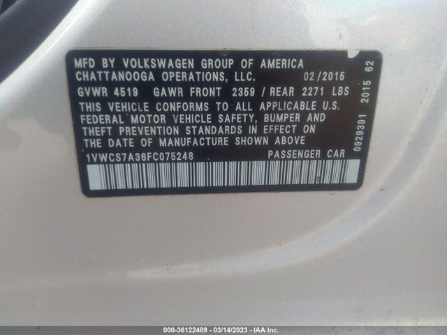 1VWCS7A36FC075248 Volkswagen Passat 1.8t Sel Premium