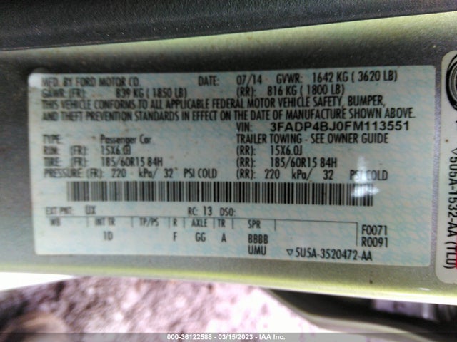 2015 FORD FIESTA SE VIN: 3FADP4BJ0FM113551