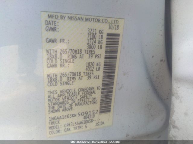 1N6AA1E63KN509152 Nissan TITAN SV