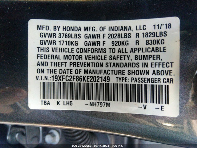 Honda Civic Sedan Sport 2019 19XFC2F86KE202149 Image 10