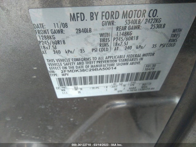 2009 FORD EDGE SEL VIN: 2FMDK38C29BA50014